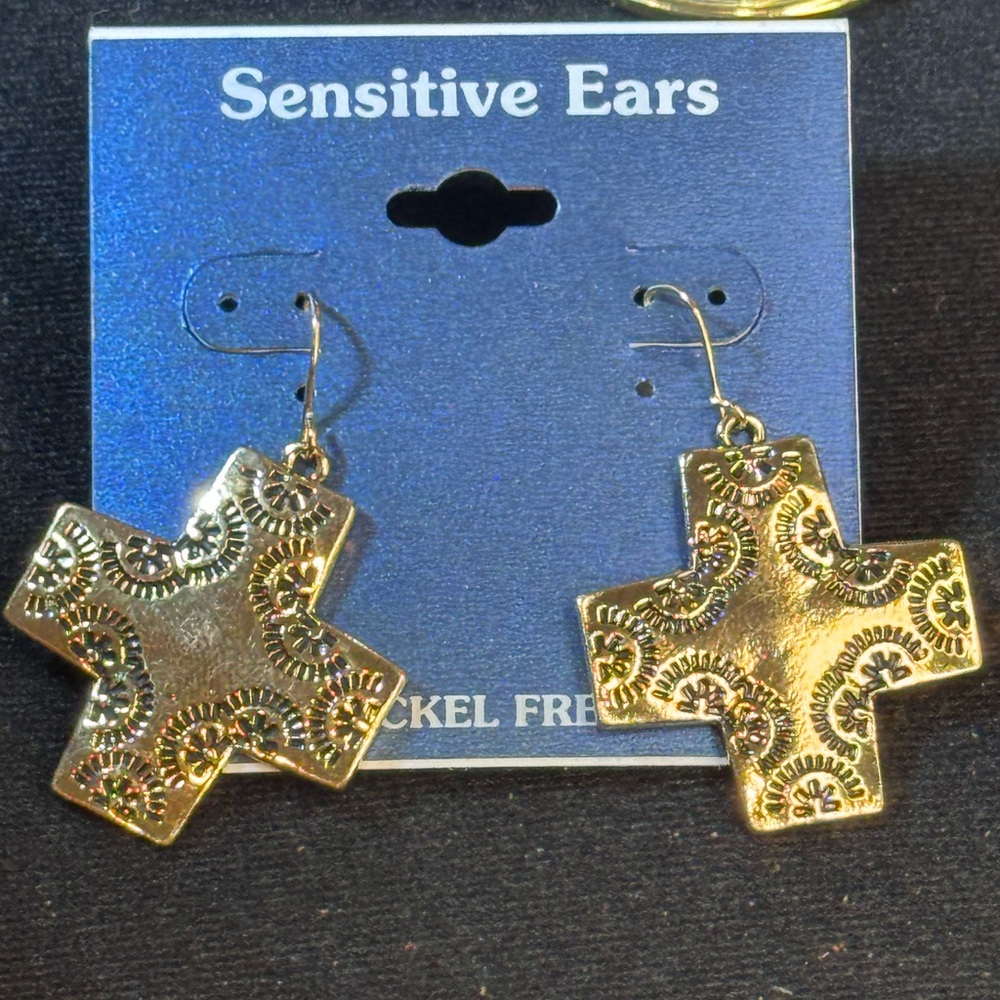 Gold Tone Filigree Cross Dangle Earrings 2 inch